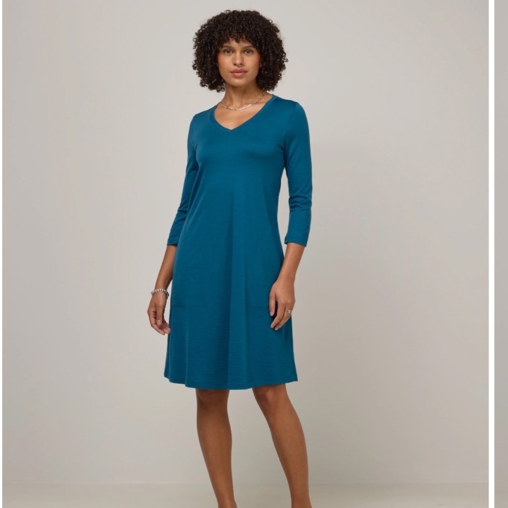 Wool& Sierra V-Neck Dress Women Large Blue Merino Wool Blend 3/4 Sleeve Pockets